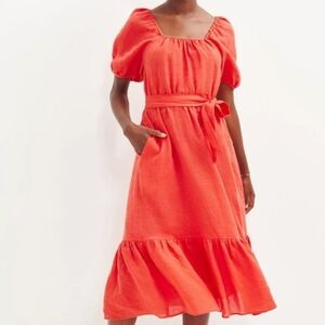 Amour Vert Michelle Red Linen midi dress puff sleeve ruffle hem size S